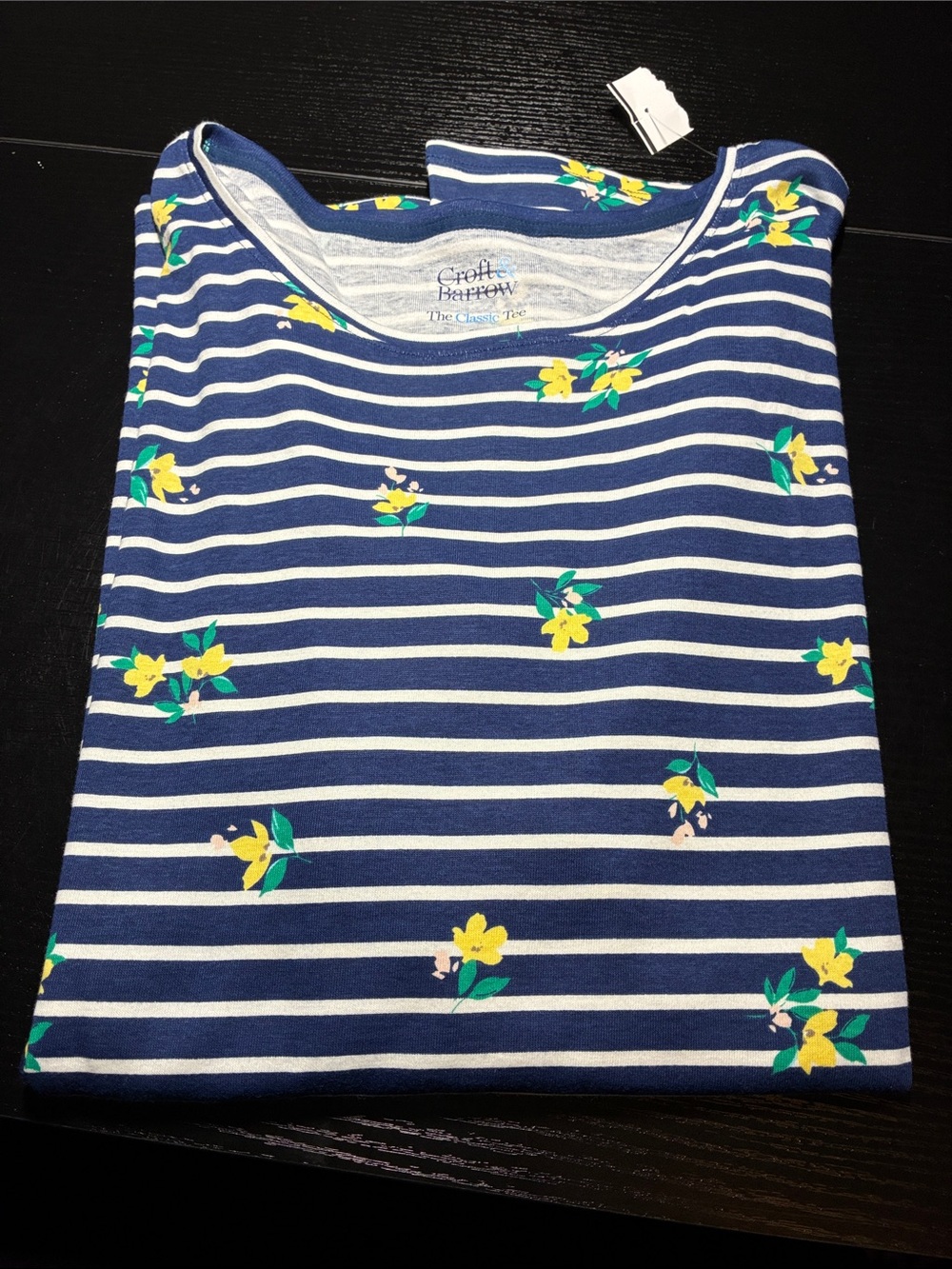 croft & barrow Navy & White Stripe Tee with Yellow Floral Print